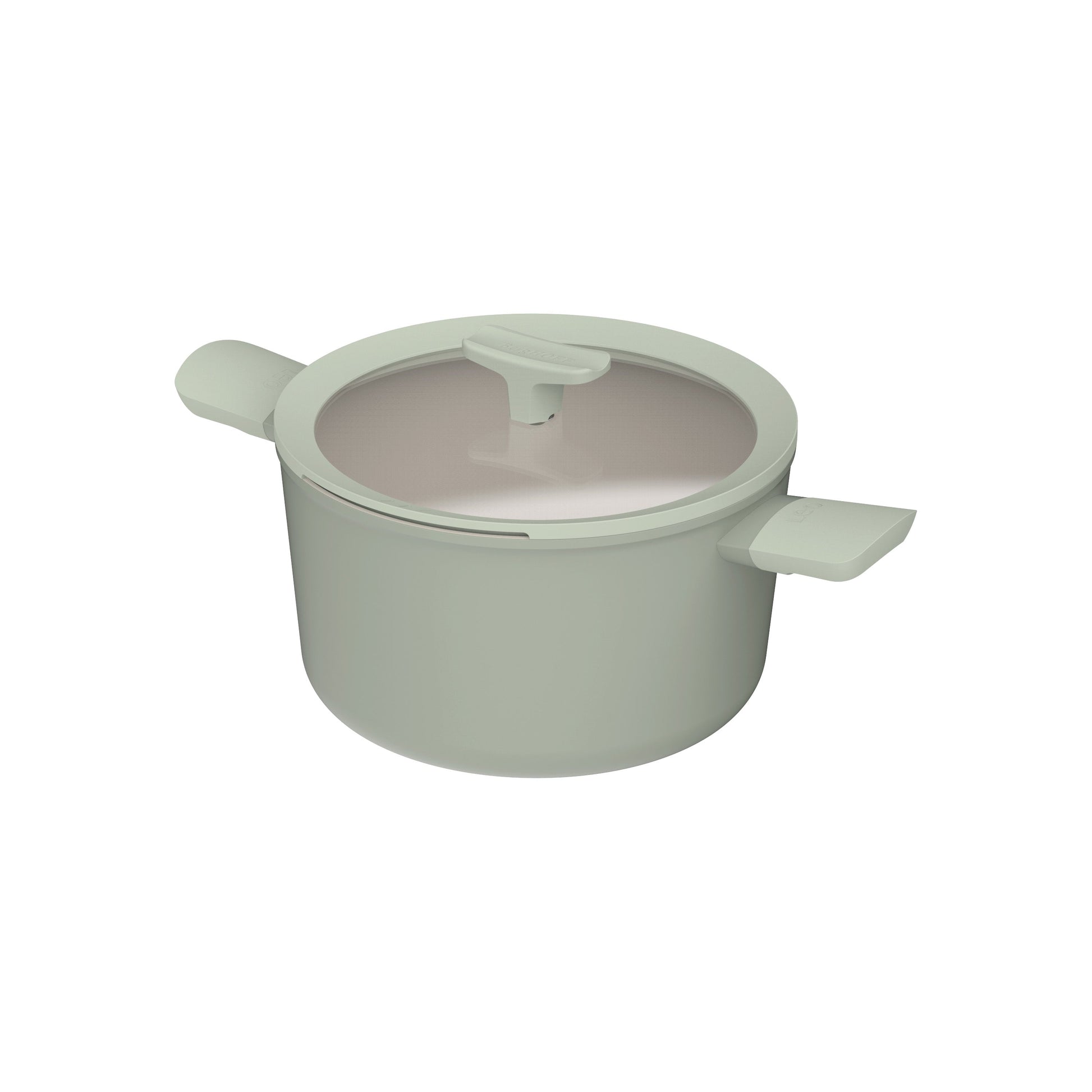 A gray aluminum stockpot with a clear glass lid and soft-touch handles.