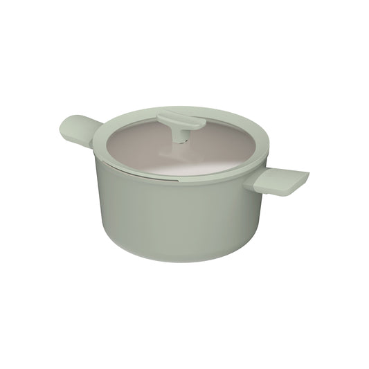 A gray aluminum stockpot with a clear glass lid and soft-touch handles.